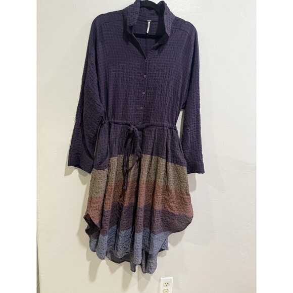Free People Ray of Light Button Down Waffle Knit Shirt Dress Purple Sz Medium - Picture 1 of 7
